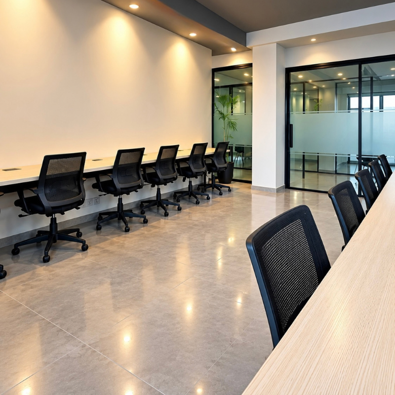 Furnished QuickOffice workspace with black mesh chairs along a long desk and glass-partitioned rooms