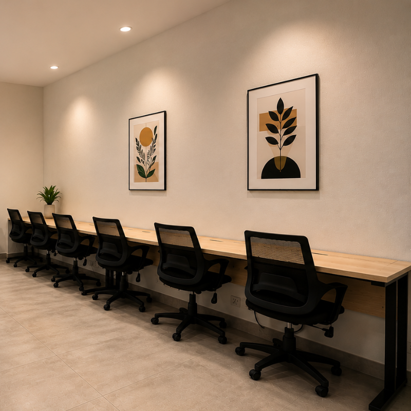 Row of desks with black chairs against a wall, with framed artwork and a plant above the desks