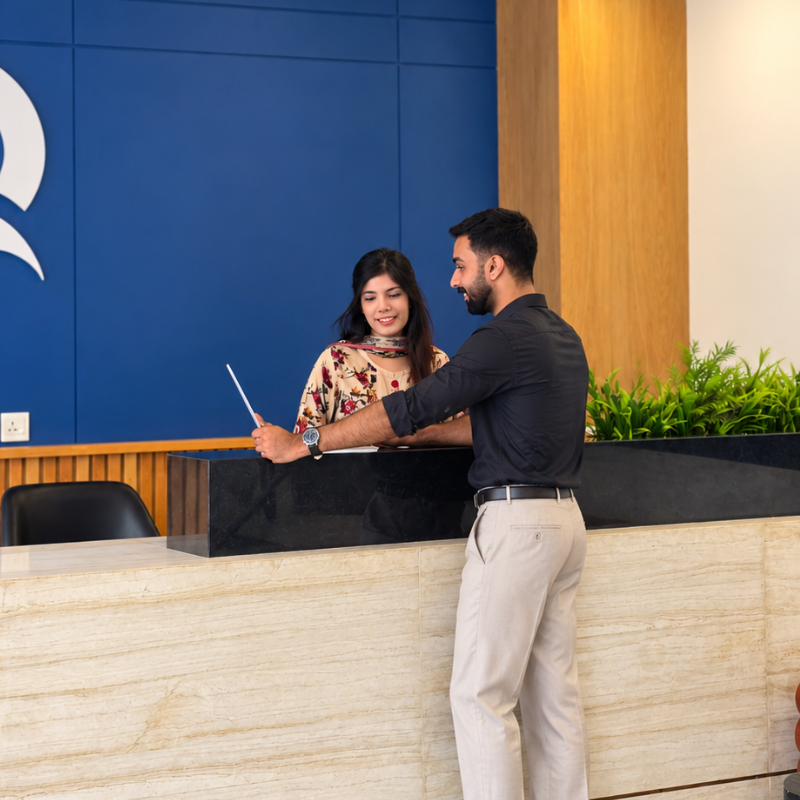 Two professionals talking at the QuickOffice reception desk in front of the blue logo wall
