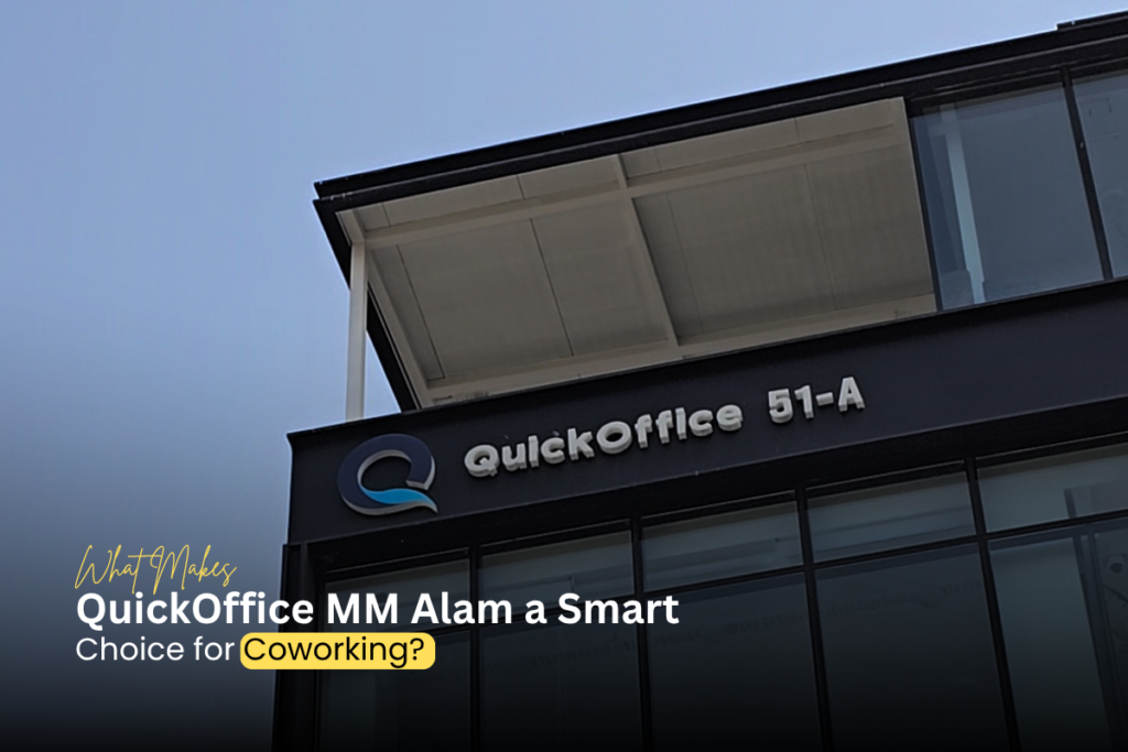QuickOffice 51-A building exterior off MM Alam Road with brand signage and coworking blog title