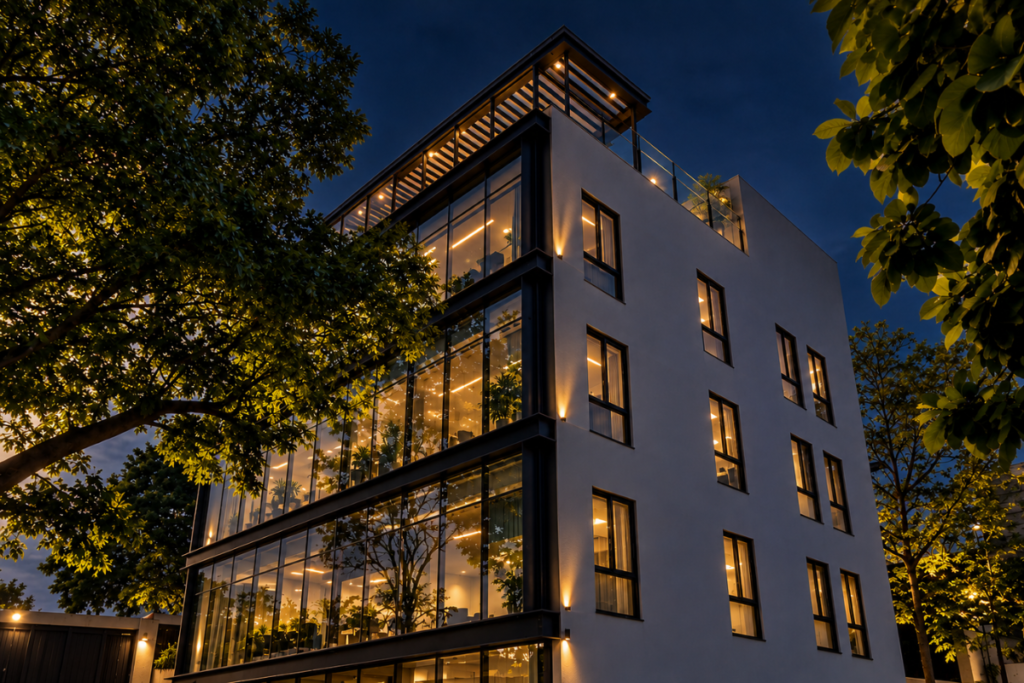 Glass-fronted QuickOffice building at night with lit windows and trees, reflecting 24-hour access in Gulberg